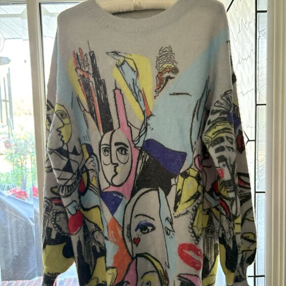 Pop Art Abstract Print Picasso Oversized Tunic Sweater MiniDress OS Wool - Picture 11 of 12